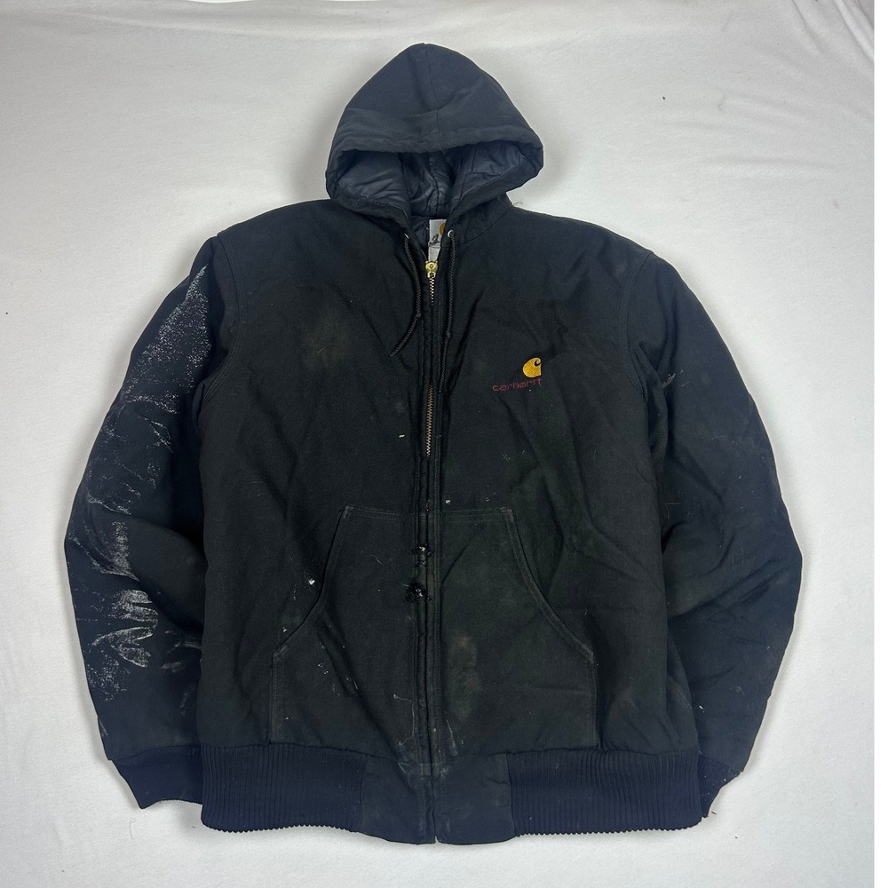 Carhartt J140 Mens Black Hooded Canvas Work Jacket Thermal Lined BLK XL